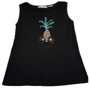 Lucia Burns Knit Tank Top Black Pineapple Sequin Beaded Sleeveless Shell